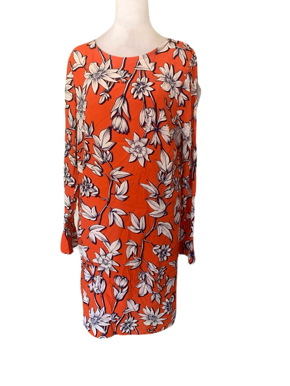 NWT ESQUALO Women’s Size 8 Orange Navy White Floral Long-Sleeve Shift Dress - Picture 2 of 7